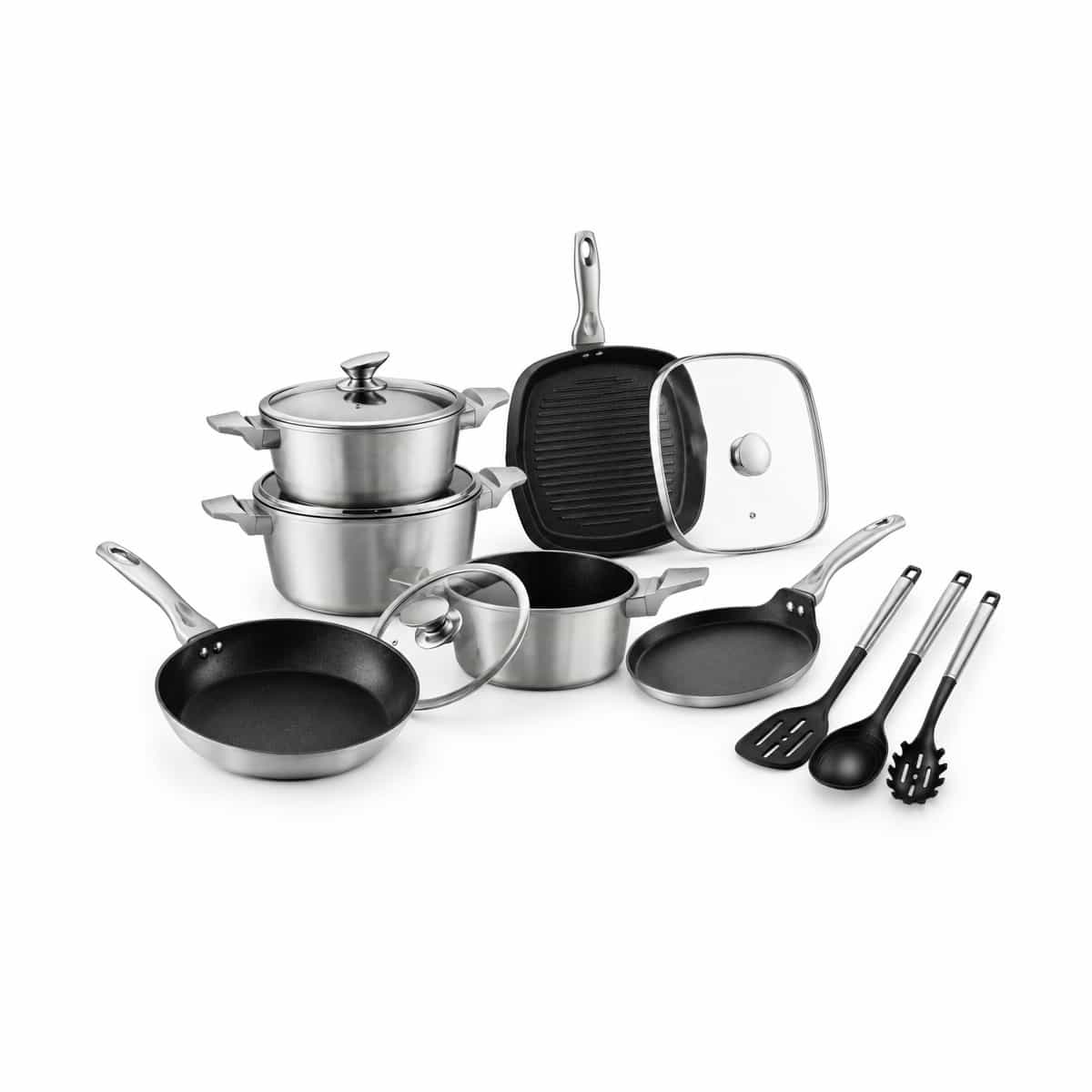 Juego de Ollas Antiadherente con Utensilios 13 Piezas Plateado Bremen